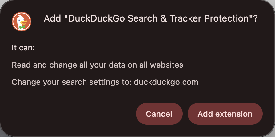 Browser prompt to add DuckDuckGo Search & Tracker Protection