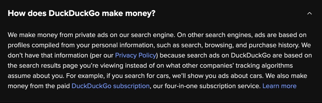 How DuckDuckGo makes money: contextual search ads, not personal profiles