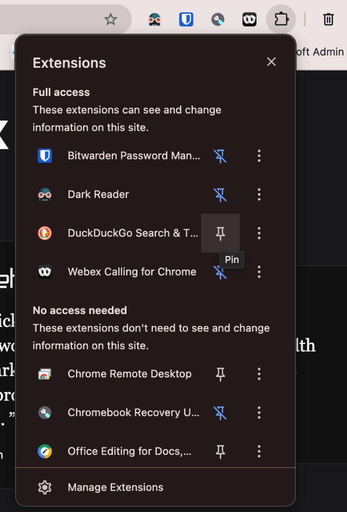 Pin DuckDuckGo to the toolbar from the Extensions menu