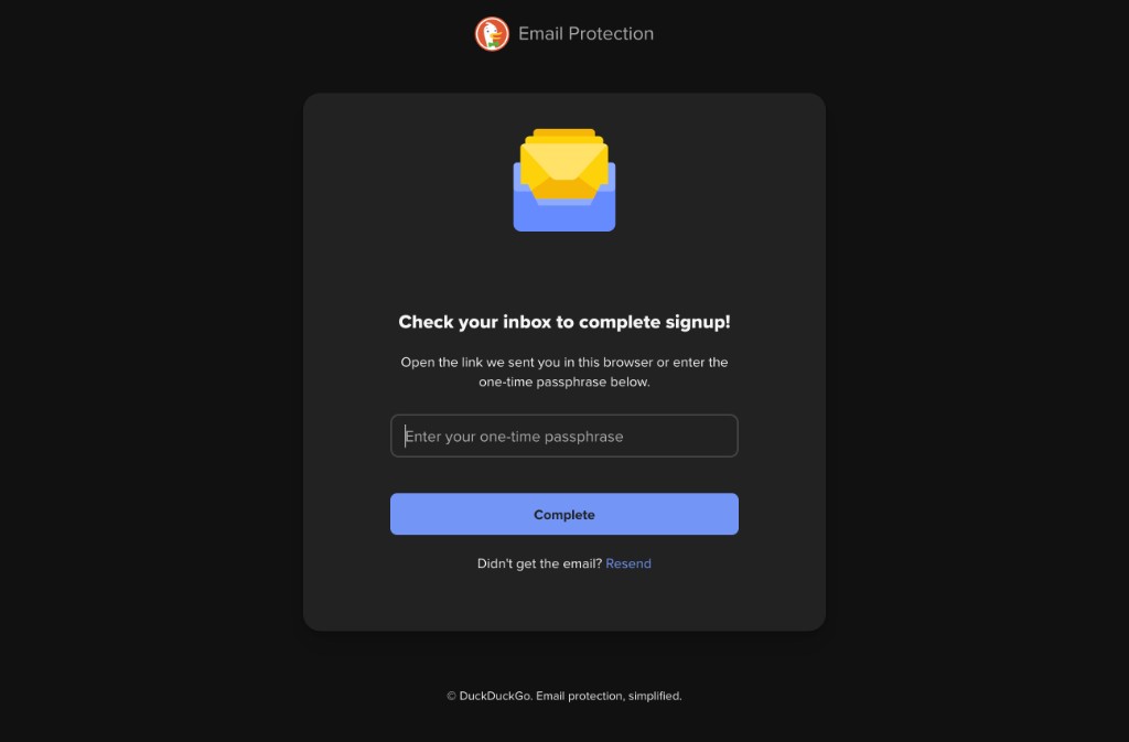 Check your inbox or enter the one-time passphrase to complete signup