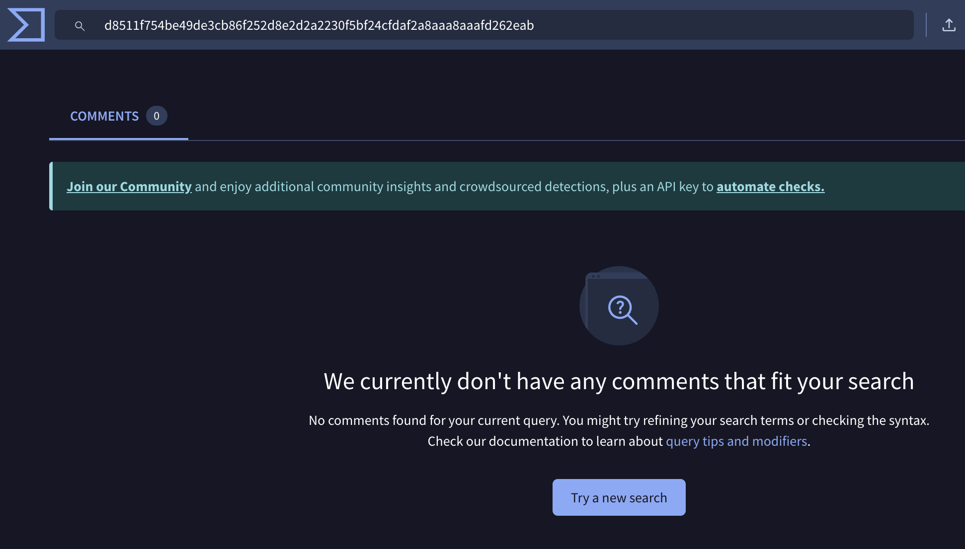 VirusTotal — no results for the MSI hash (1/2).