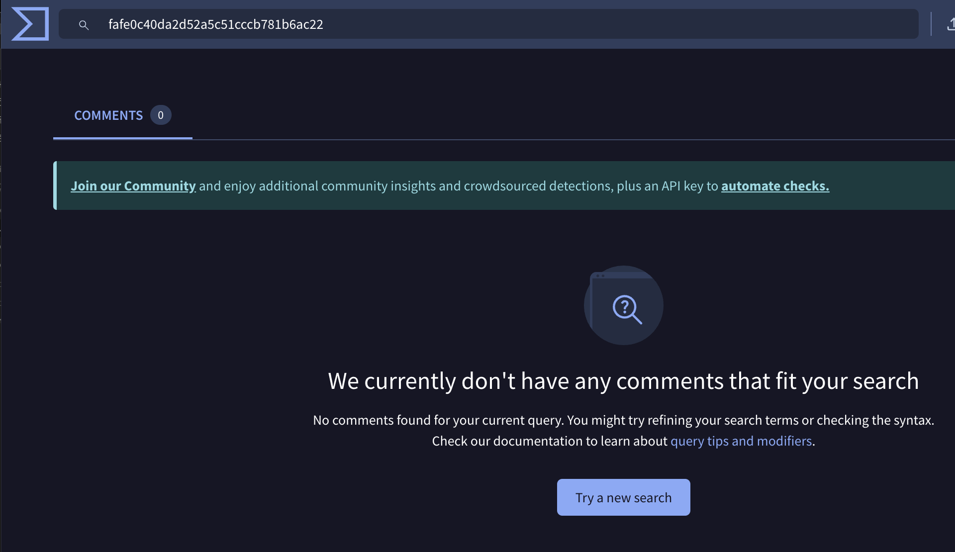VirusTotal — no results for the MSI hash (2/2).