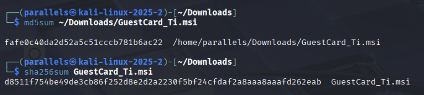 sha256 hash of the GuestCard_Ti.msi sample, copied for VirusTotal lookup.