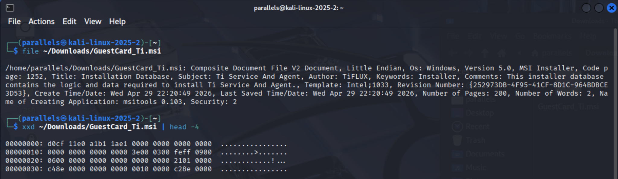 strings/file/xxd workflow on the MSI confirming the OLE2 magic bytes D0 CF 11 E0 A1 B1 1A E1.