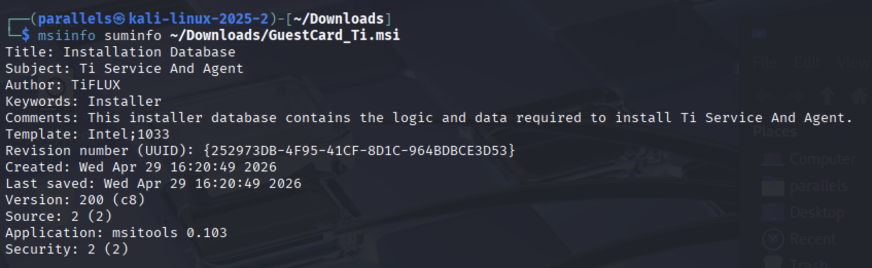 msiinfo suminfo output for the GuestCard_Ti.msi sample.