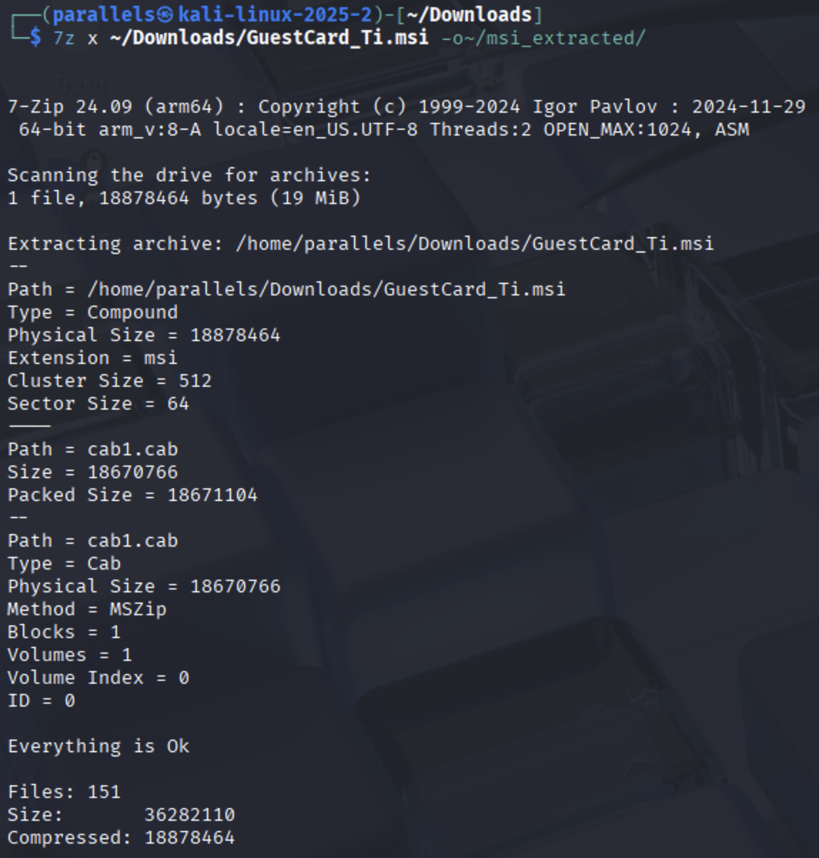 The cabinet is embedded in the Binary/Media streams. 7zip can extract it directly from the MSI.