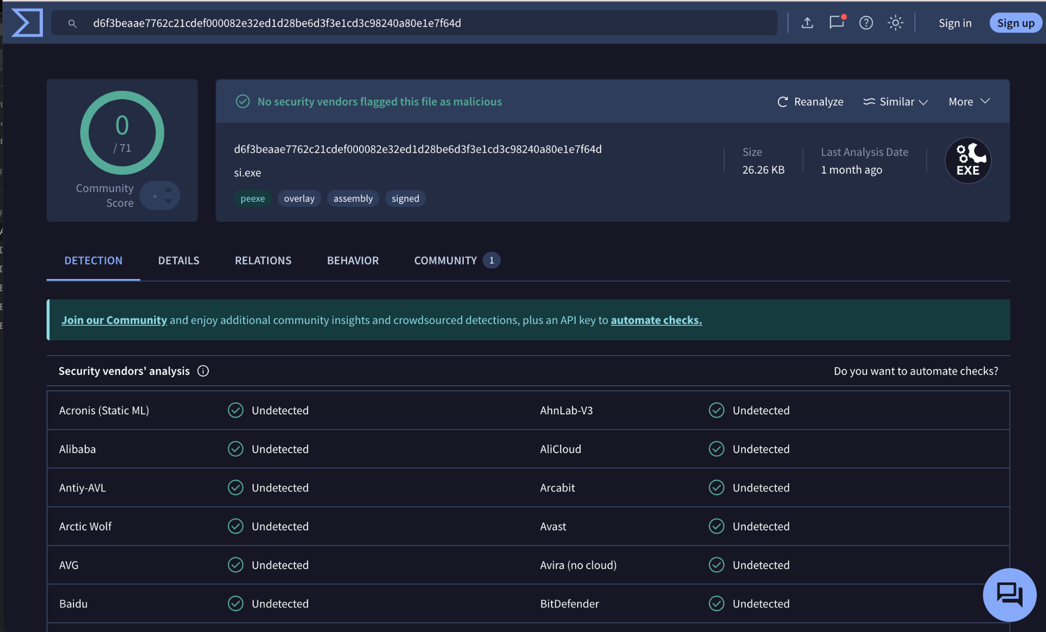 VirusTotal: si.exe shows 0/71 detections.