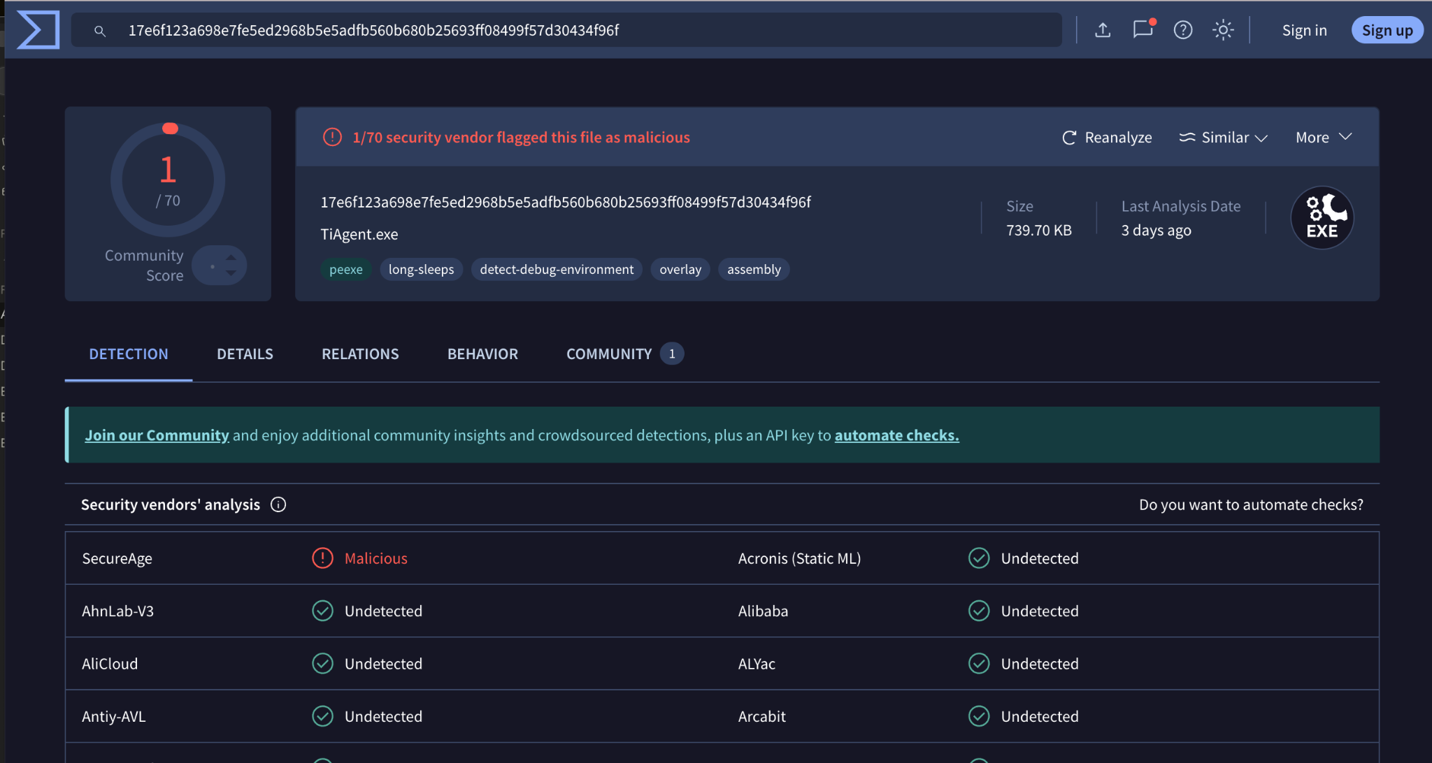 VirusTotal: TiAgent.exe shows 1/70 detections.