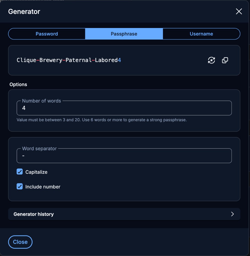 Bitwarden Generator: Password, Passphrase, and Username tabs; passphrase options (word count, separator, capitalize, include number)