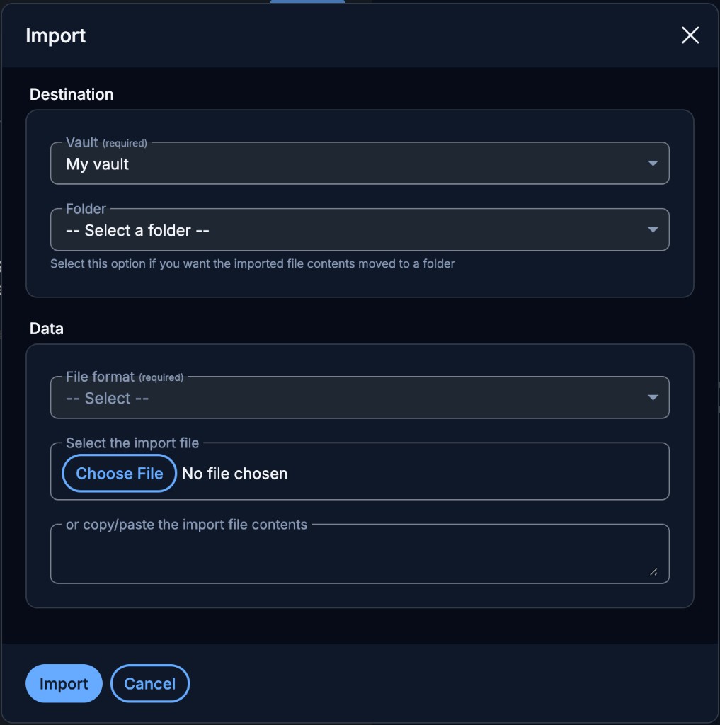 Bitwarden Import: destination vault, file format, and choose file or paste