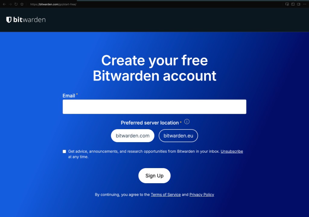 Create your free Bitwarden account: email and preferred server region