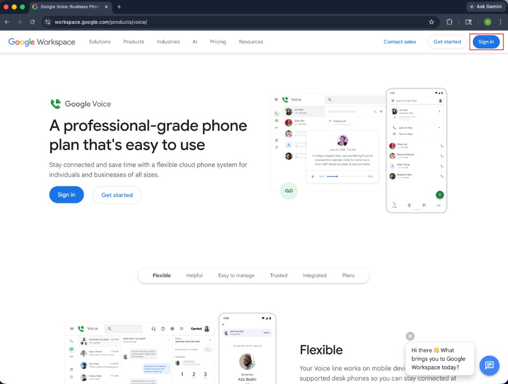 Google Voice product page: Sign in to begin