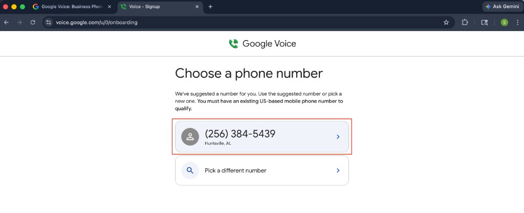 Choose a phone number: suggested number or pick a different one