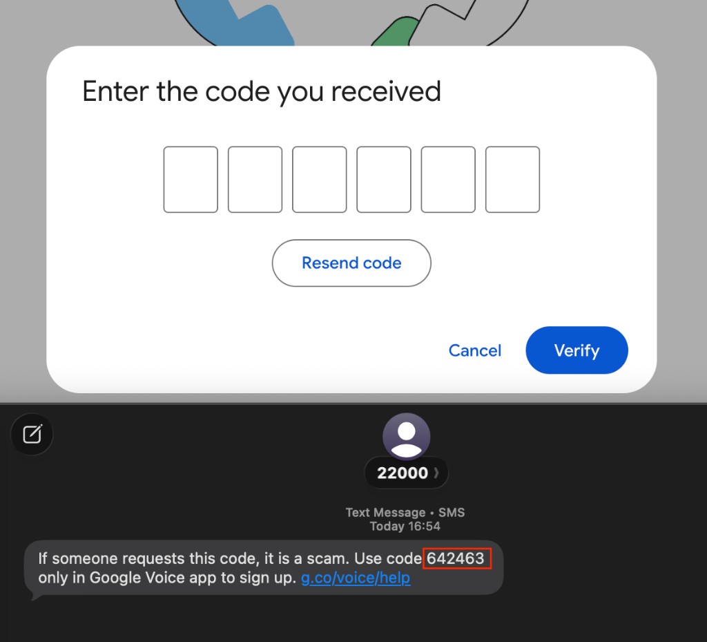 Enter the six-digit verification code; SMS from Google warns against sharing the code
