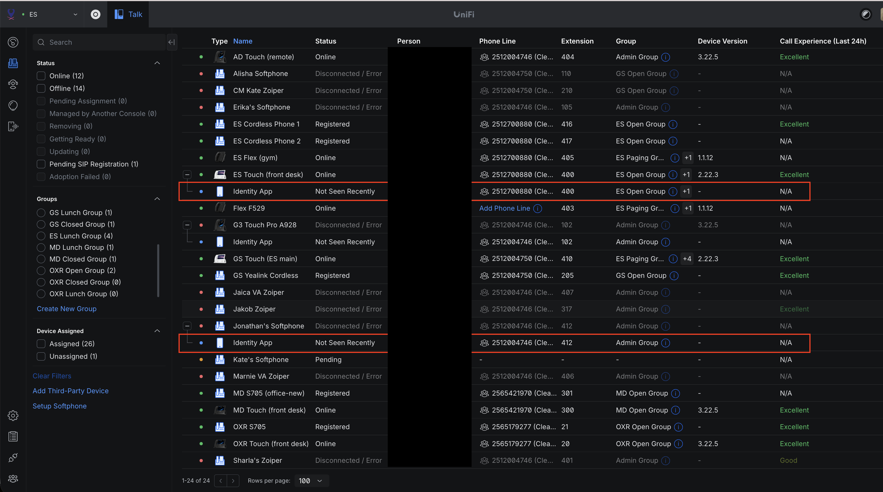 Class B phantom softphone entries observed in Talk > Phones